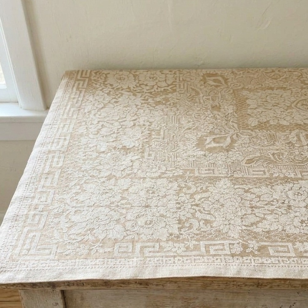 Damask Floral Bow Greek Key Tablecloth Vintage Tan Cream 62x41 Jacquard Cotton